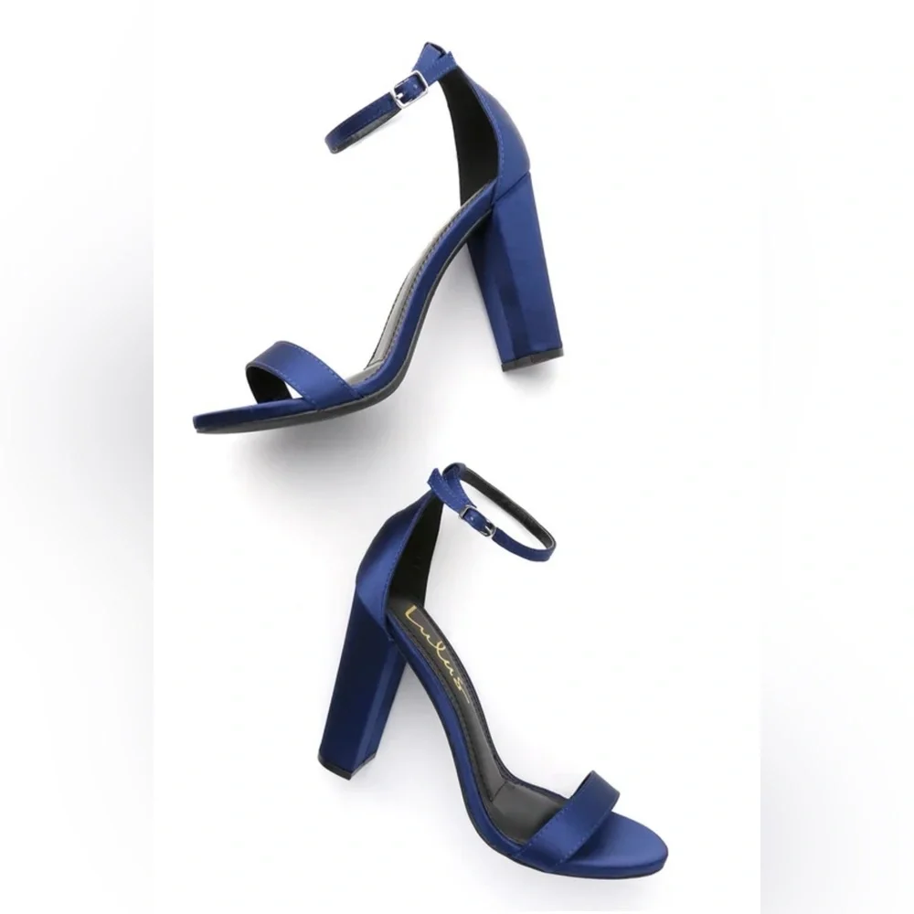 Taylor Navy Satin Ankle Strap Heels - Picture 3 of 9